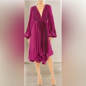 NWT Mac Duggal 49717 Pleated Deep V Long Sleeve Berry Burgundy Dress Size 12